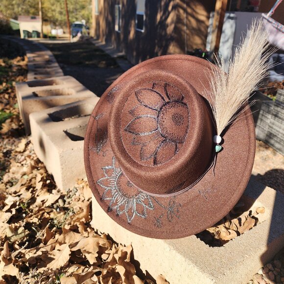 Bold Hand-Burned Felt Hat with Sunflower & Plume main image 2